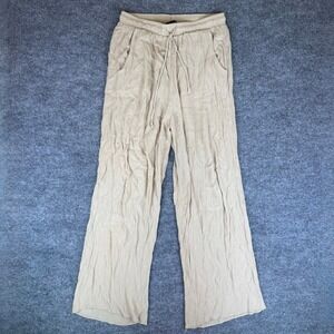 Ambiance Apparel Tan Crinkle Wide Leg Drawstring Flowy Boho Pants Womens Small